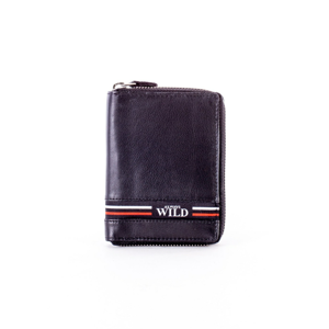 Black leather wallet with a zipper with a material insert