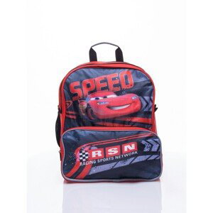Red school backpack with the car motif