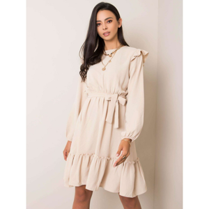 RUE PARIS Beige dress with a frill and a belt