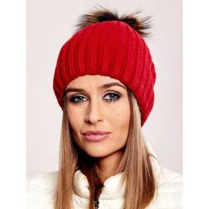 Red striped cap with fur pompom