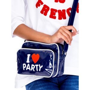 Lacquered handbag with dark blue lettering