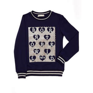 Navy blue sweatshirt with pearls and a print for a girl
