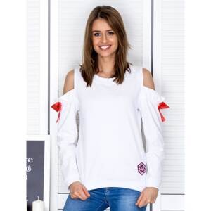 White sweatshirt with cutouts on the shoulders and bows