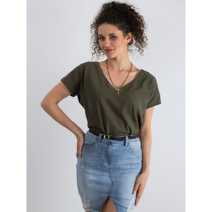 Cotton T-shirt with V-neck in khaki