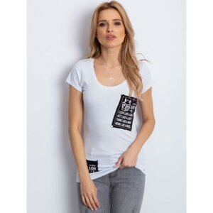 White t-shirt with text patches