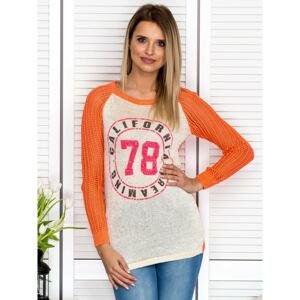 Orange women´s sweater with a baseball print