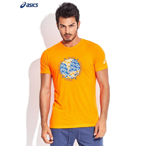 Sporty men´s t-shirt in fluo orange with ASICS round print