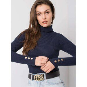 A navy blue turtleneck blouse