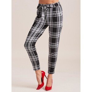 Black and gray checked trousers with a binding and pockets