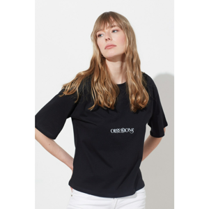 Trendyol Black Embroidered Loose Knitted T-Shirt