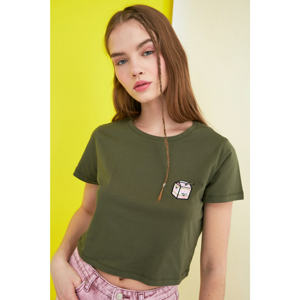 Trendyol Haki Embroidered Crop Knitted T-Shirt
