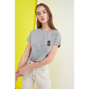 Trendyol Grey Embroidered Crop Knitted T-Shirt