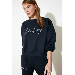 Trendyol Navy Blue Printed Basic Knitted Sweatshirt