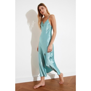 Trendyol Weave Mint Lace and Back Detailed Slit Satin Nightgown