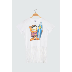 Trendyol White Garfield Licensed Printed Crop Tassel Knitted T-Shirt