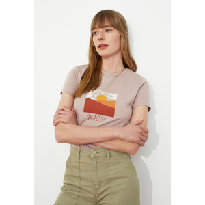 Trendyol Mink Printed Basic Knitted T-Shirt