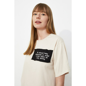 Trendyol Beige Boyfriend Woven Patch Knitted T-Shirt