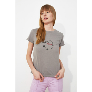 Trendyol Grey Embroidered Basic Knitted T-Shirt