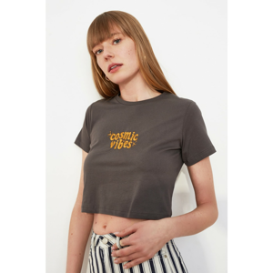 Trendyol Anthracite Embroidered Crop Knitted T-Shirt