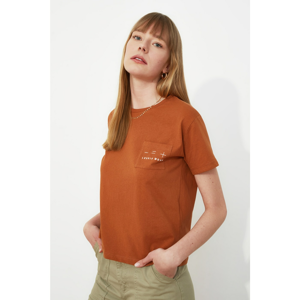 Trendyol Cinnamon Embroidered Semifitted Knitted T-Shirt