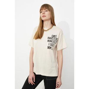 Trendyol Beige Printed Boyfriend Knitted T-Shirt