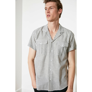 Trendyol Black Men's Striped Apass Collar Short Sleeves Double Pocket Regular Fit Shirt