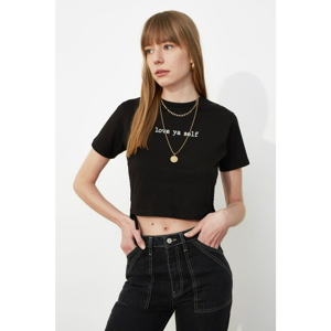 Trendyol Black Printed Side Assynx Crop Knitted T-Shirt