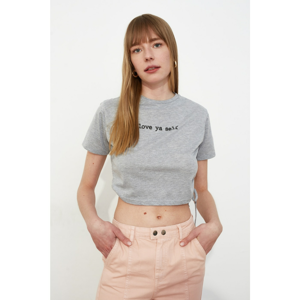 Trendyol Gray Printed Side Assynx Crop Knitted T-Shirt