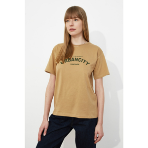 Trendyol Camel Printed Boyfriend Knitted T-Shirt