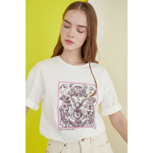 Trendyol Ekru Printed Loose Mold Knitted T-Shirt