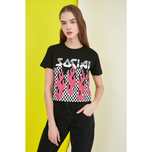 Trendyol Black Printed Crop Knitted T-Shirt