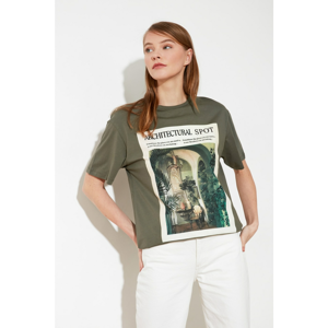 Trendyol Haki Printed Boyfriend Knitted T-Shirt