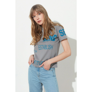 Trendyol Grey Semi-Fitted Font Printed Knitted T-Shirt