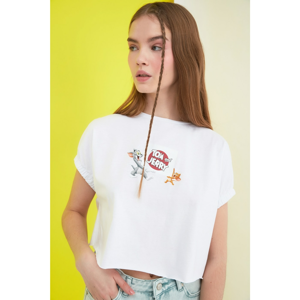 Trendyol White Tom & Jerry Licensed Printed Crop Knitted T-Shirt