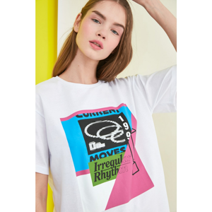 Trendyol White Printed Boyfriend Knitted T-Shirt