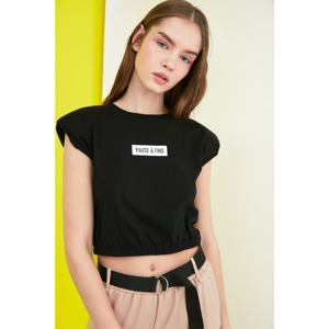 Trendyol Black Front and Back Printed Vatka Crop Knitted T-Shirt