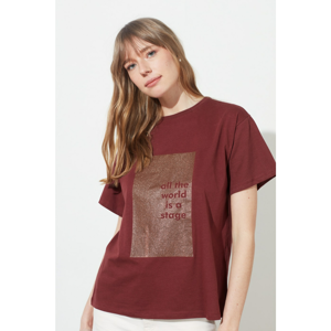 Trendyol Brown Sim Printed Boyfriend Knitted T-Shirt