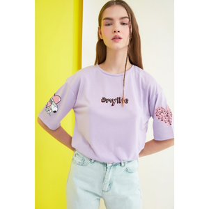 Trendyol Lilac Licensed Snoopy Printed Loose Knitted T-Shirt