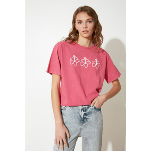 Trendyol Pink Wash and Printed Boyfriend Knitted T-Shirt