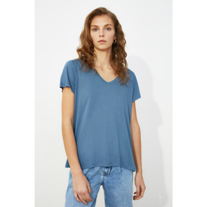 Trendyol Indigo Viscose Blended V Collar Basic Knitted T-Shirt