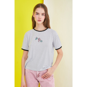 Trendyol White Striped Embroidered Semifitted Knitted T-Shirt
