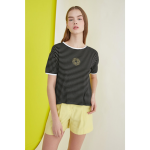 Trendyol Black Striped Embroidered Semifitted Knitted T-Shirt