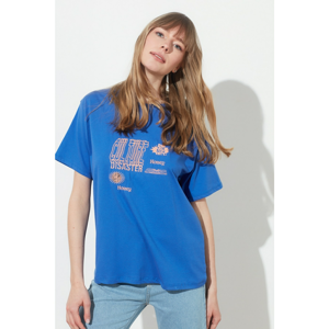 Trendyol Blue Printed Boyfriend Knitted T-Shirt