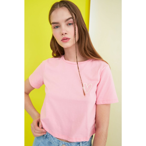 Trendyol Pink Embroidered Crop Knitted T-Shirt