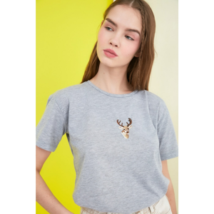 Trendyol Gray Embroidered Semifitted Knitted T-Shirt