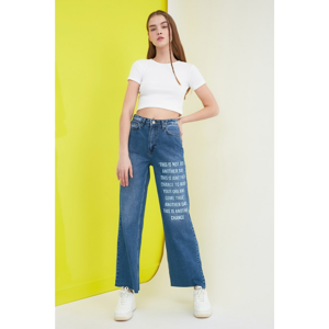 Trendyol Navy Printed Ripped Detail High Waist Wide Leg Jeans