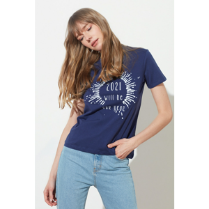 Trendyol Navy Blue Printed Upright Collar Knitted T-Shirt