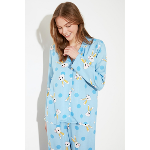 Trendyol Blue Rabbit Patterned Woven Pajama Set