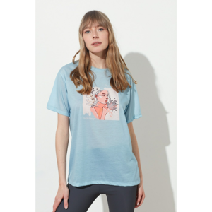 Trendyol Light Blue Printed Boyfriend Knitted T-Shirt