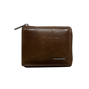 A brown leather wallet for a man with a zipper